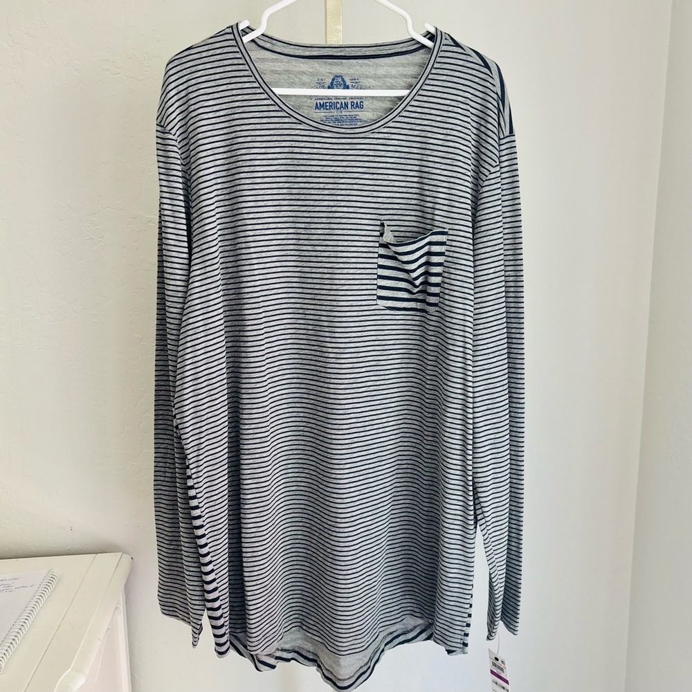 American Rag Men’s Navy and Gray Striped Long Sleeve Shirt, Size XXL NWT